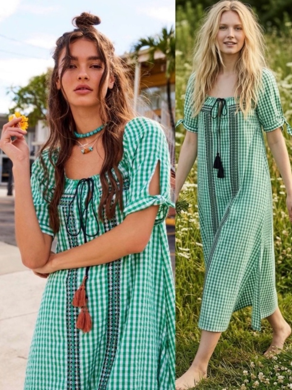 Free People Bohemian Embroidered Gingham Seersucker Cass Maxi Dress Green Small